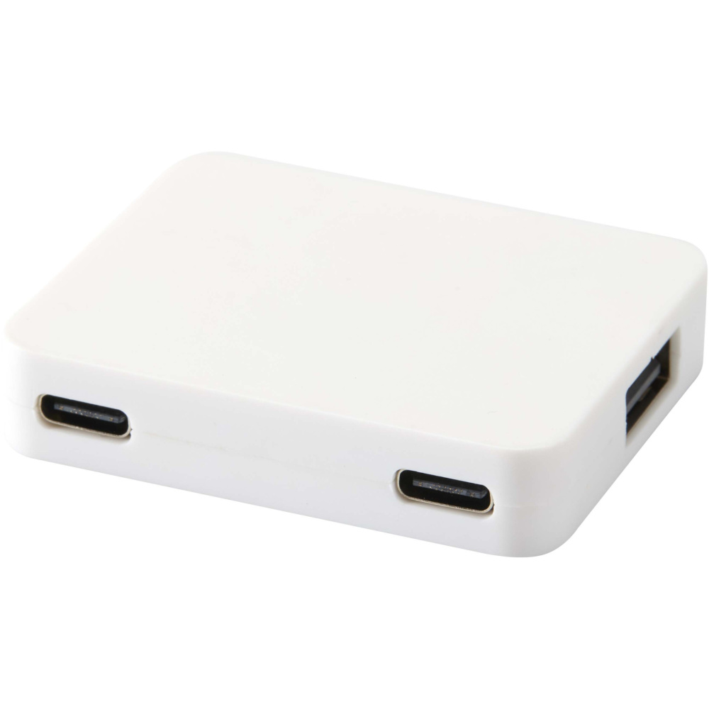 Logotrade Werbegeschenke das Foto: Gaia 4 Port USB Hub mit USB-A- und Typ-C-Ausgang und zwei Eingängen aus recyceltem Kunststoff
