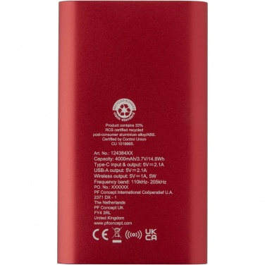 Logotrade promotional product image of: Juice 4000 mAh Type-C recycled aluminium wireless power bank 