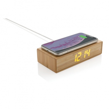 Logo trade advertising products image of: Bamboo alarm clock with 5W wireless charger