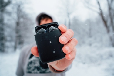 Logo trade promotional giveaways image of: Skywave RCS recycled plastic solar earbuds