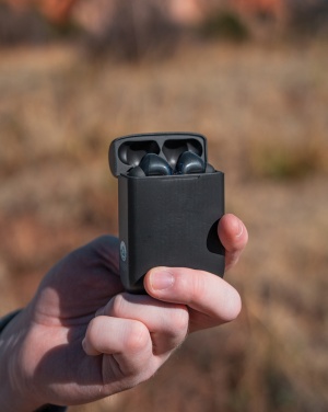 Logo trade advertising products image of: Skywave RCS recycled plastic solar earbuds