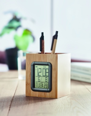 Logotrade business gifts photo of: Bamboo pen holder and LCD clock
