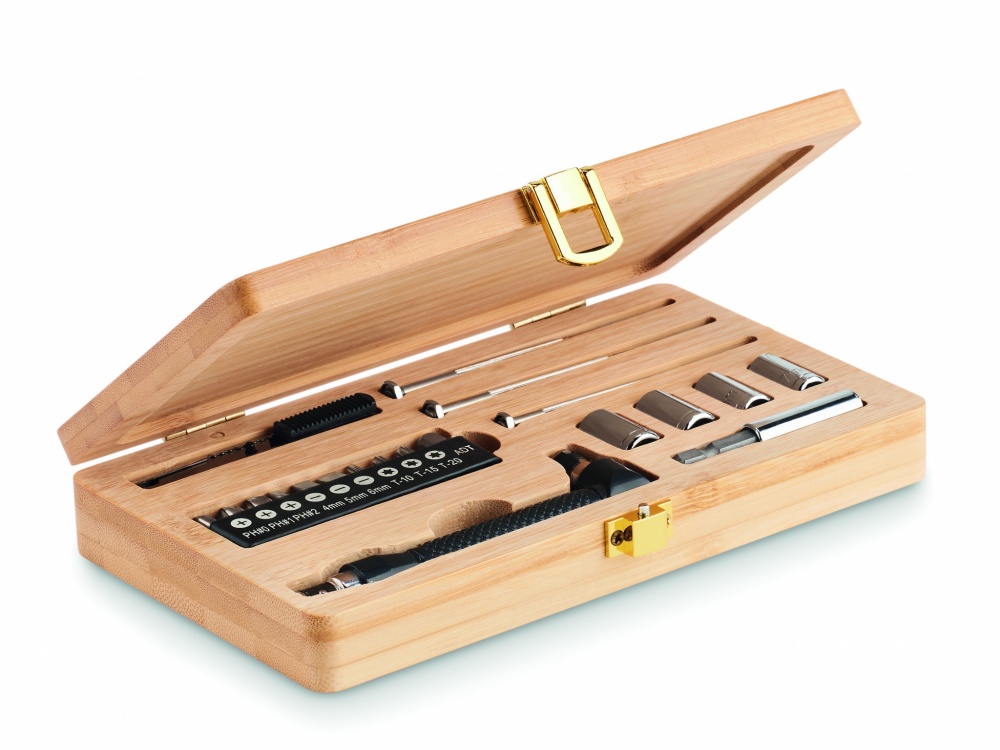 Logo trade promotional merchandise photo of: 21 pcs tool set in bamboo case