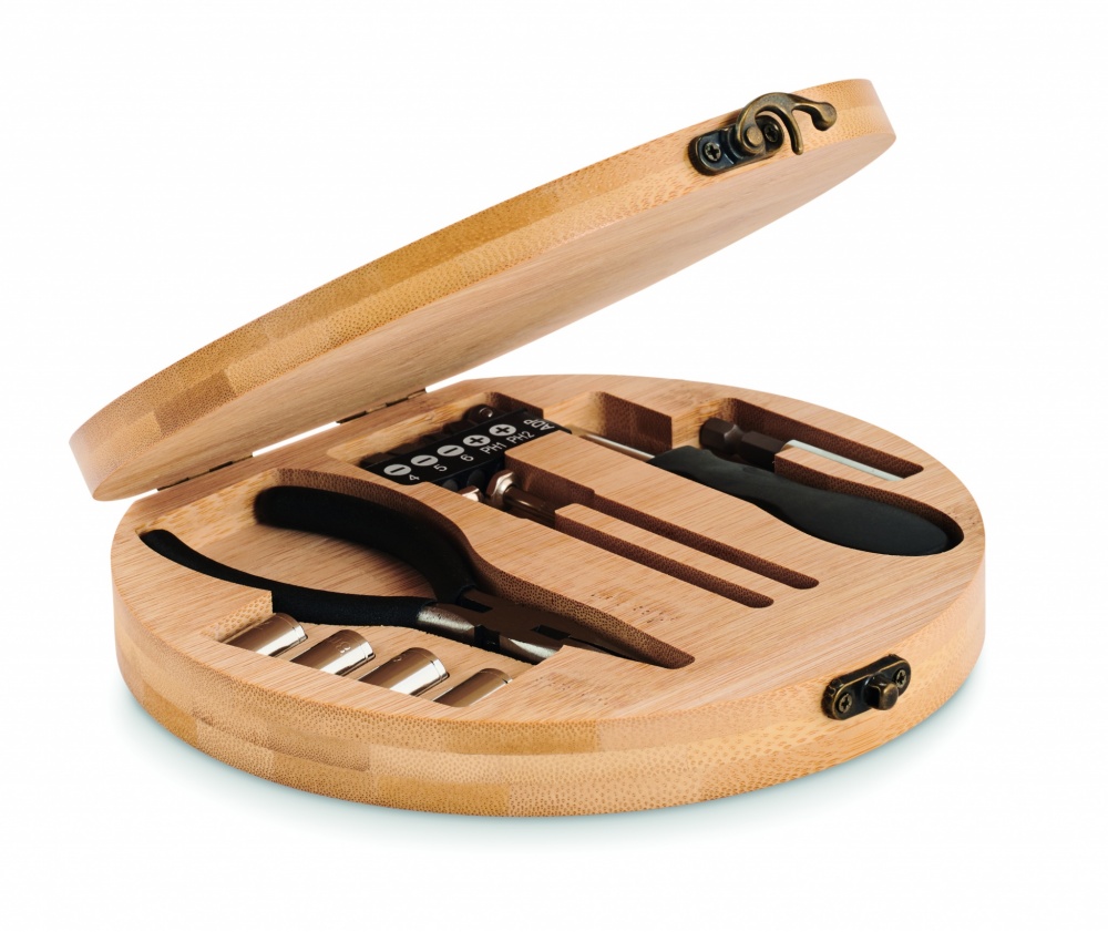 Logo trade promotional giveaways image of: 15 piece tool set bamboo case