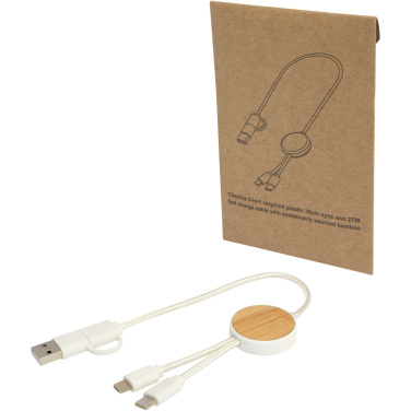 Logo trade advertising products image of: Chechia 5-in-1 recycled plastic 30 cm data sync and 27W fast charge cable with bamboo details