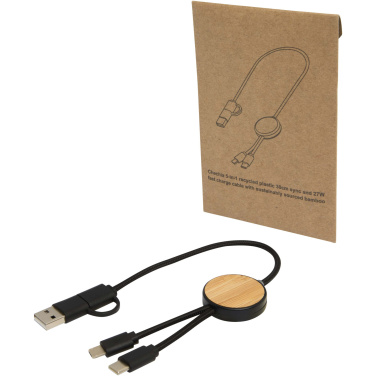 Logo trade business gift photo of: Chechia 5-in-1 recycled plastic 30 cm data sync and 27W fast charge cable with bamboo details