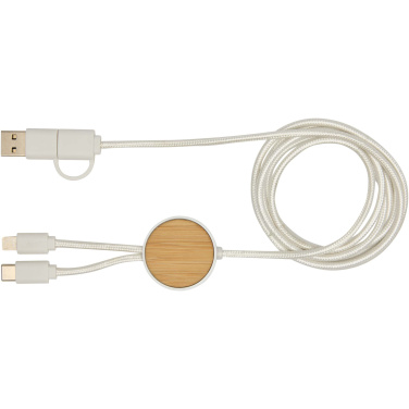 Logo trade corporate gifts image of: Chechia 5-in-1 recycled plastic 150 cm data sync and 27W fast charge cable with bamboo details