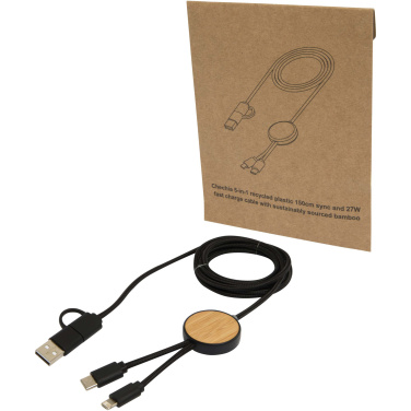 Logo trade corporate gifts image of: Chechia 5-in-1 recycled plastic 150 cm data sync and 27W fast charge cable with bamboo details