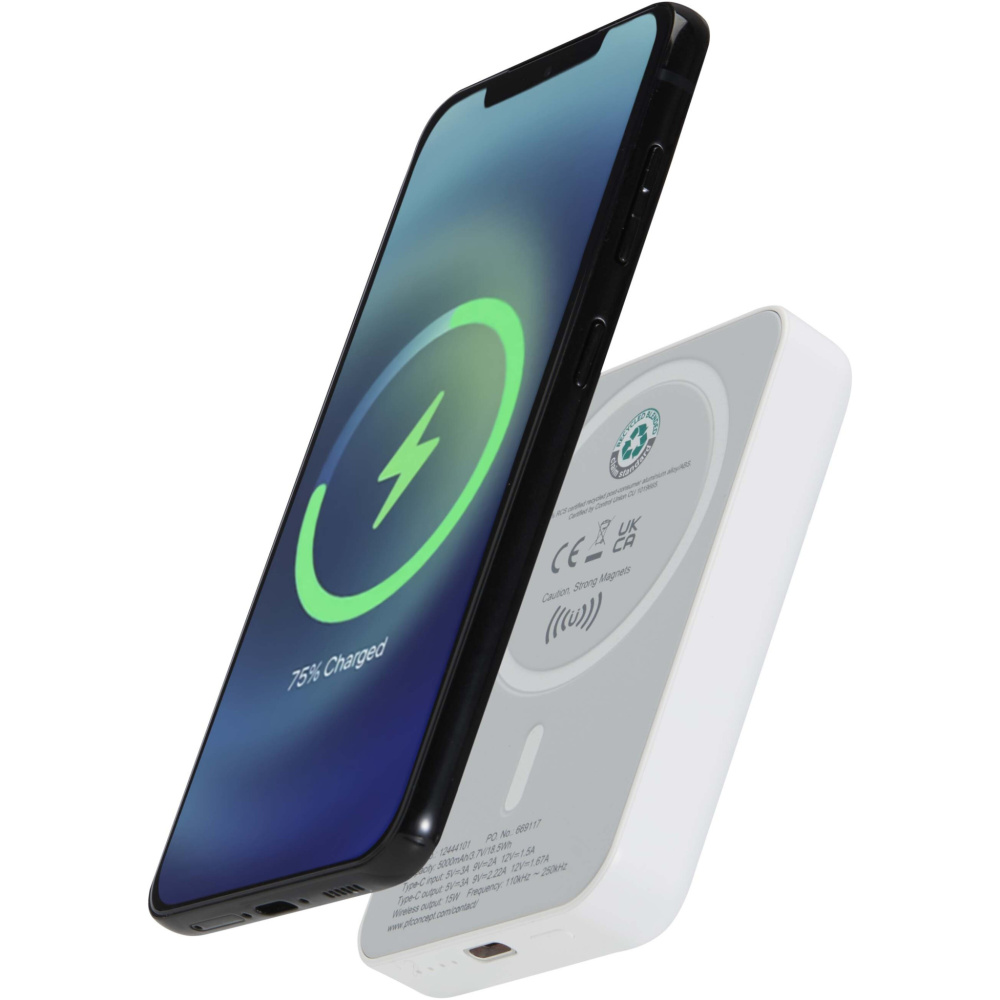 Logo trade promotional merchandise picture of: Acrab 5000 mAh 15W magnetic wireless power bank with 20W PD - made from recycled plastic