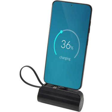Logo trade promotional merchandise picture of: Alnair 5000 mAh 10W recycled plastic Type-C power bank with built-in flip stand and 2-in-1 cable
