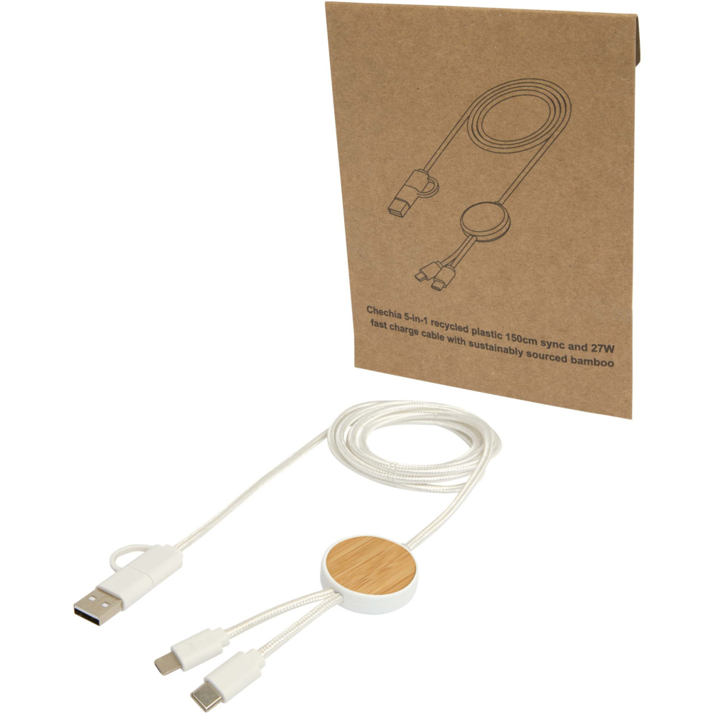 Logotrade firmakingitused pilt: Chechia 5-in-1 taaskasutatud plastist 150 cm kiirlaadimiskaabel bambusdetailidega