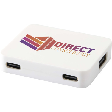 Logotrade mainoslahjat ja liikelahjat tuotekuva: Gaia 4-porttinen USB-keskitin, jossa USB-A- ja Type-C-lähtö sekä kaksoistulo – valmistettu kierrätetystä muovista