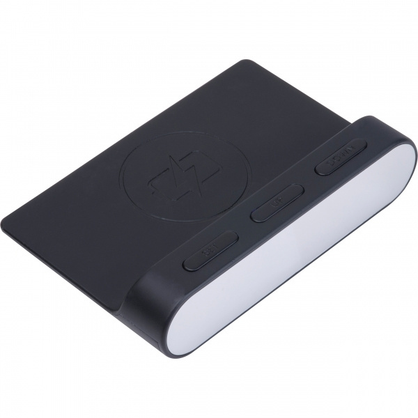 Logo trade mainoslahja ja liikelahja tuotekuva: Herätyskello ja langaton laturi ADELAIDE