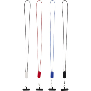 Logo trade mainostuotet tuotekuva: Anser kierrätetystä muovista valmistettu älypuhelinkaulanauha, jossa on 27 W:n 5-in-1-kaapeli