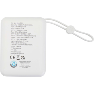 Logotrade logo dāvanas foto: Acrux 10.000 mAh 35W planšetdatora pārnēsājamais akumulators ar iebūvētu C tipa kabeli - izgatavots no pārstrādātas plastmasas