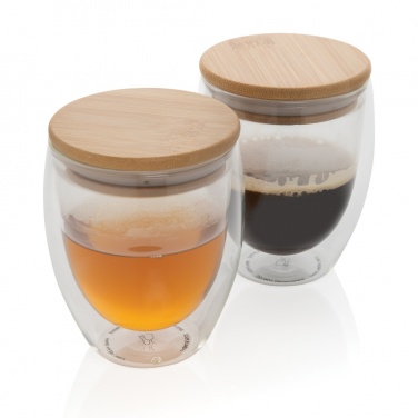 Logotrade profilprodukter bild: Dubbelväggigt borosilikatglas med bambulock, 250ml, 2-pack
