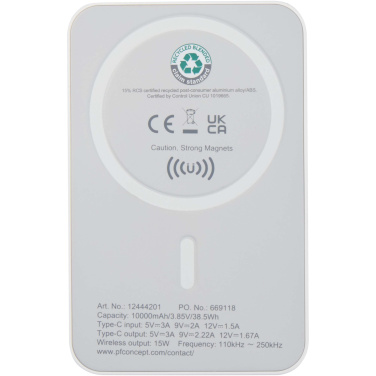 Logotrade profilreklam bild: Acrab 10 000 mAh 15 W magnetisk trådlös powerbank med 20 W PD – tillverkad av återvunnen plast