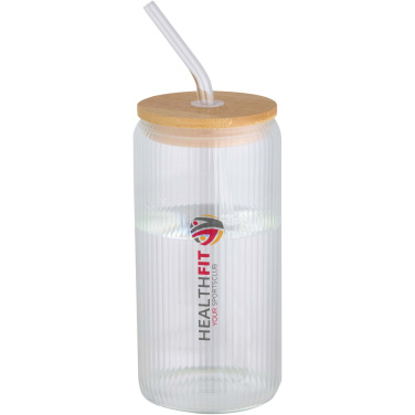 Logotrade profilprodukter bild: Mirage 500 ml enkelväggig mugg i borosilikatglas med lock i bambu